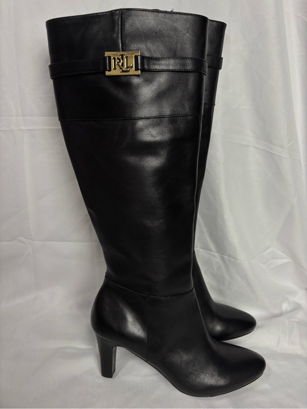 Ralph Lauren Sula Black Leather Knee-High Boots with Gold RL Accent